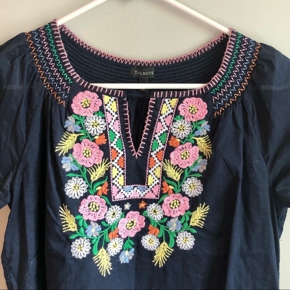 Talbots Floral Embroidered Top Short Sleeve 100% Cotton Blue Colorful Sz Small - Picture 3 of 10